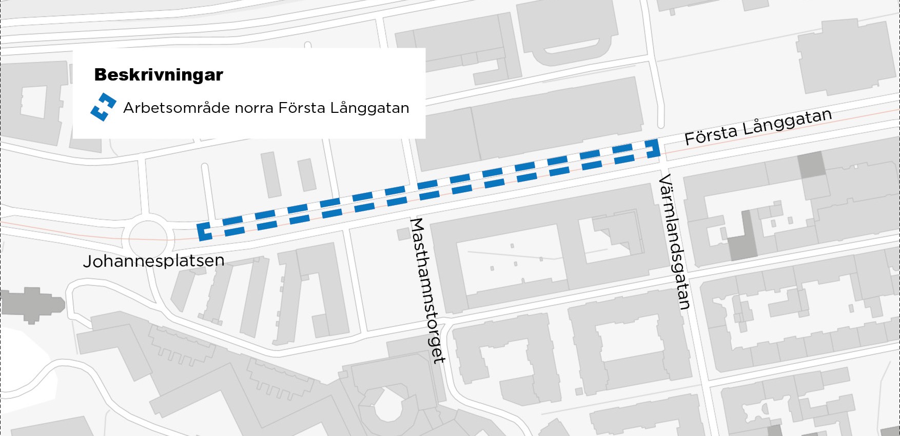 Karta med markering i blått visar avstängning på Första Långgatan mellan Johannesplatsen och Värmlandsgatan.